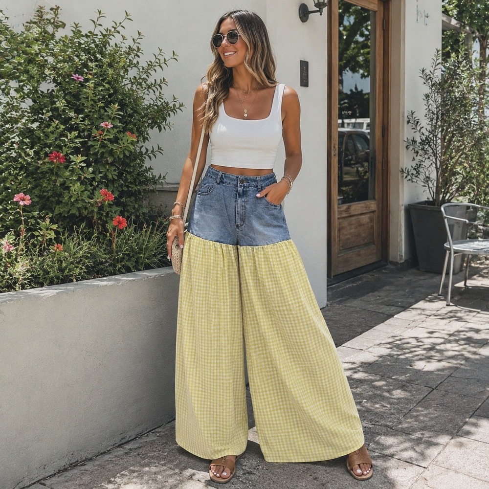 Patchwork Denim Gingham Palazzo Pants Wide Leg Culottes Yellow Plaid Womens M